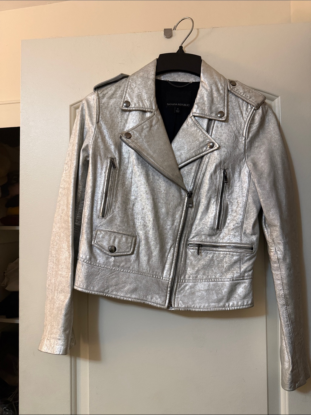 Banana Republic Metallic Silver Moto Leather Jacket